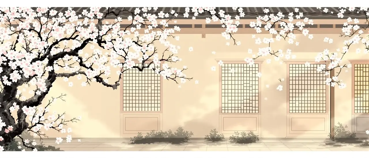 庭院深深花事浓 福利电影 花幕 庭院深深花事浓 海棠庭院场景插画