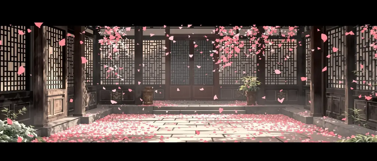 落英时节又逢君 福利电影 花幕 落英时节又逢君 庭院花雨场景插画