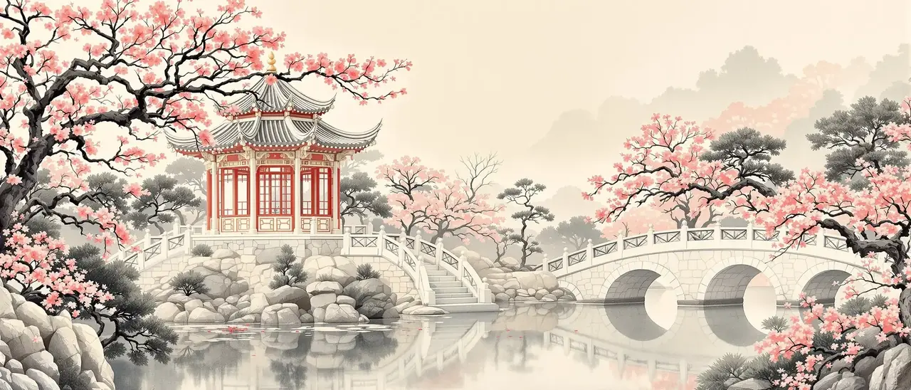 牡丹亭外 福利电影 花幕 牡丹亭外 亭台石桥场景插画